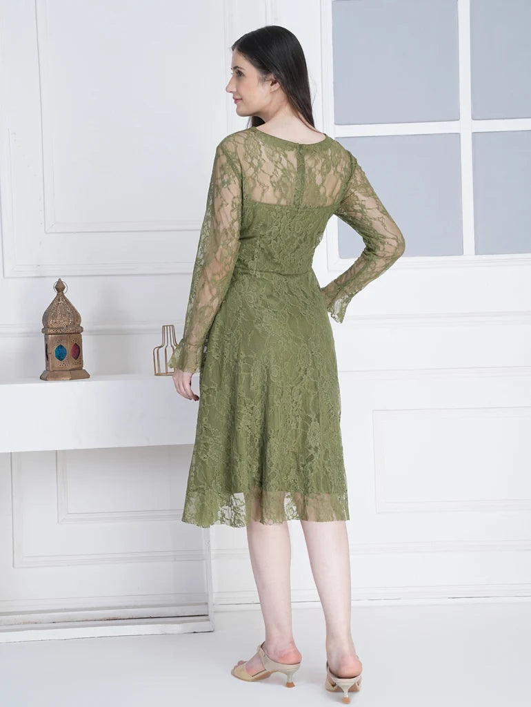Aafreen Olive Satin & Lace Midi Dress by Swaahan
