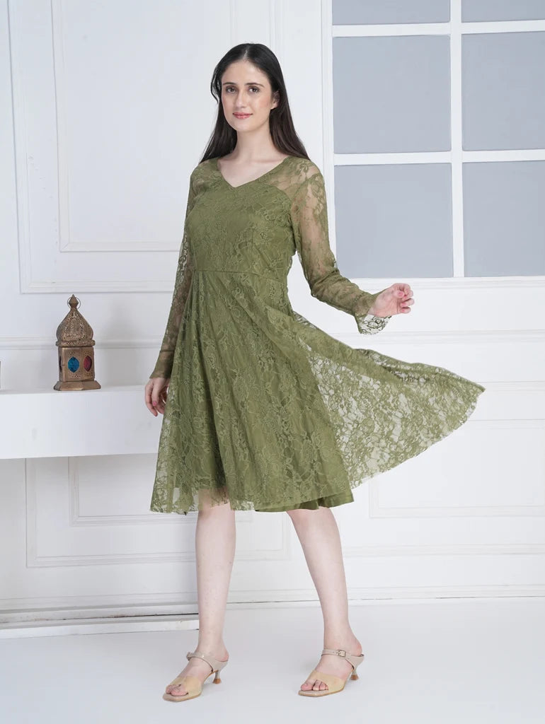 Aafreen Olive Satin & Lace Midi Dress by Swaahan