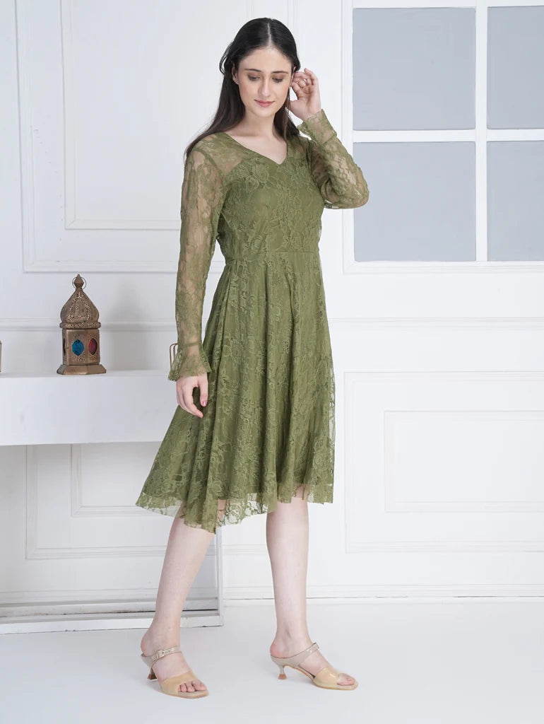 Aafreen Olive Satin & Lace Midi Dress by Swaahan