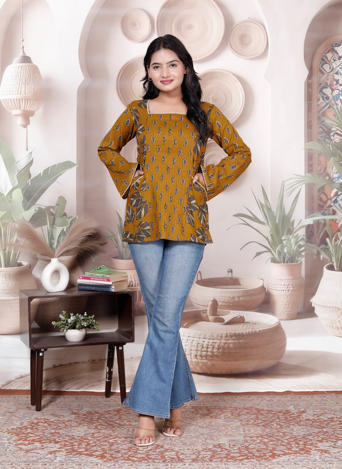 Aarika Mustard Leaf-Print Short Kurti