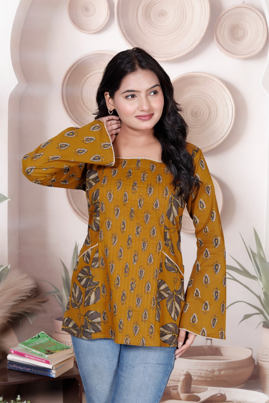 Aarika Mustard Leaf-Print Short Kurti