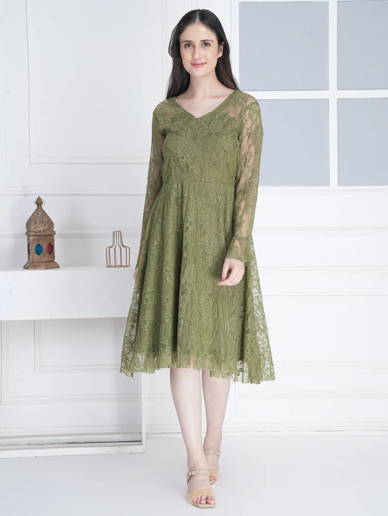 Aafreen Olive Satin & Lace Midi Dress by Swaahan