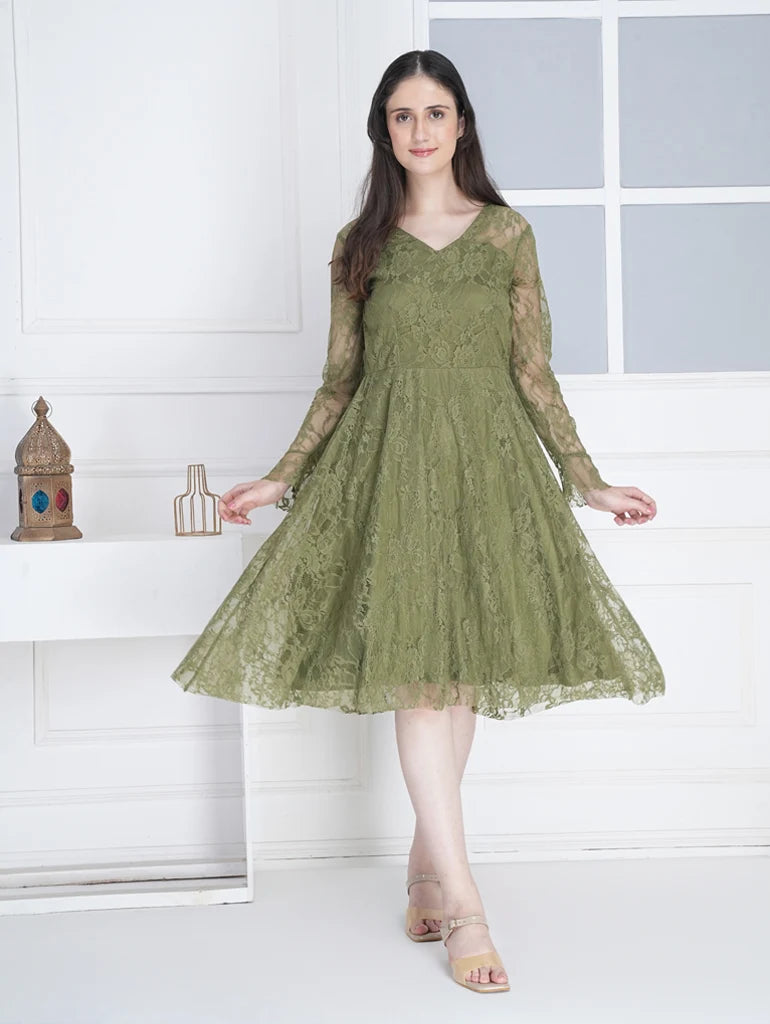 Aafreen Olive Satin & Lace Midi Dress by Swaahan